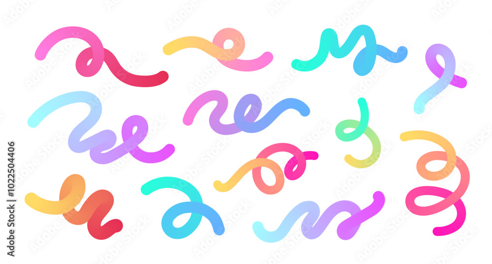 Set of gradient flowing lines and loops in vibrant colors. Editable ribbons, geometric smooth shapes for party designs, event backgrounds. Liquid futuristic elements. Vector illustration. Set of gradient flowing lines and loops in vibrant colors. Editable ribbons, geometric smooth shapes for party designs, event backgrounds. Liquid futuristic elements. Vector illustration.