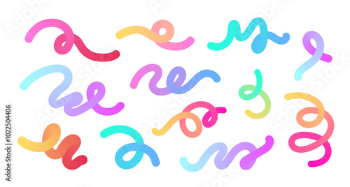 Set of gradient flowing lines and loops in vibrant colors. Editable ribbons, geometric smooth shapes for party designs, event backgrounds. Liquid futuristic elements. Vector illustration.