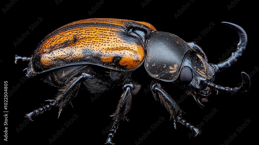 A close-up of a beetle with black and brown coloration, isolated against a black background. A close-up of a beetle with black and brown coloration, isolated against a black background.