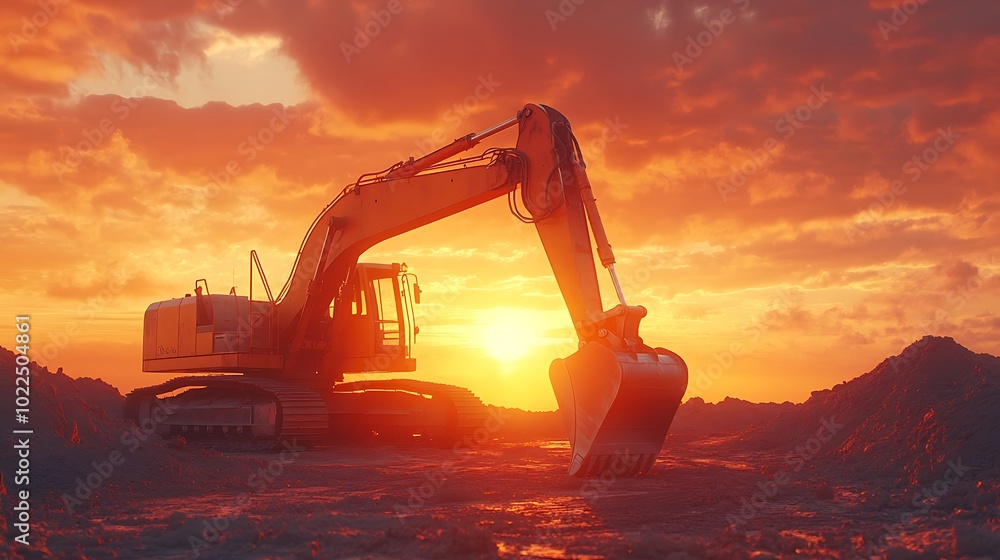 Excavator at sunset, silhouetted against a dramatic sky. Excavator at sunset, silhouetted against a dramatic sky.