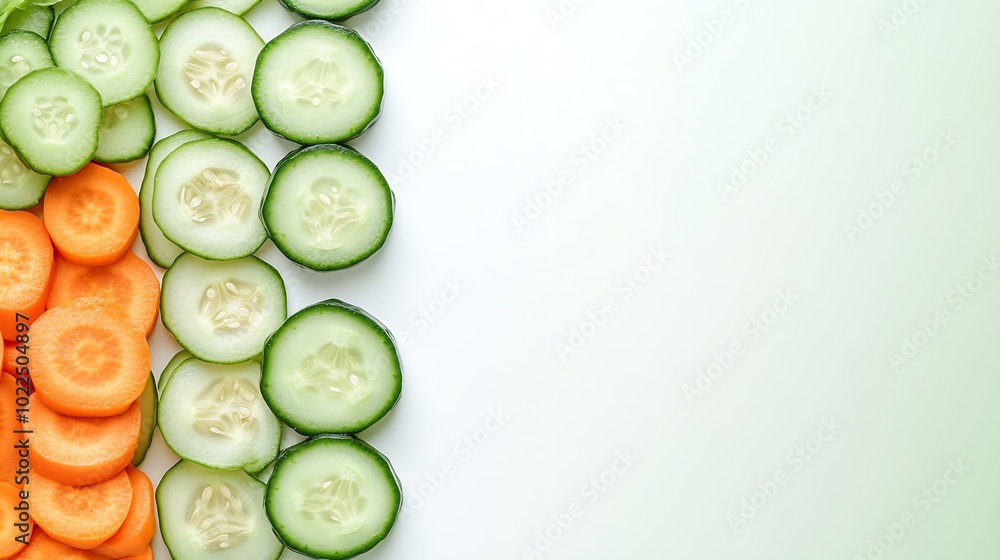 Freshly sliced cucumbers and carrots arranged in a vertical line along the left side of a white background with copy space. Freshly sliced cucumbers and carrots arranged in a vertical line along the left side of a white background with copy space.