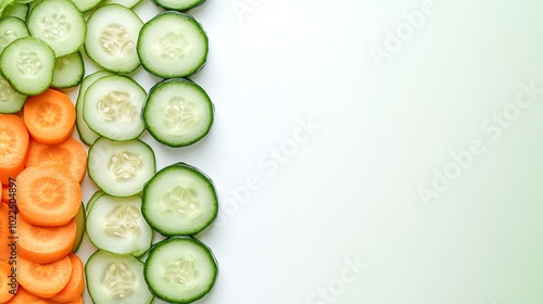 Freshly sliced cucumbers and carrots arranged in a vertical line along the left side of a white background with copy space.