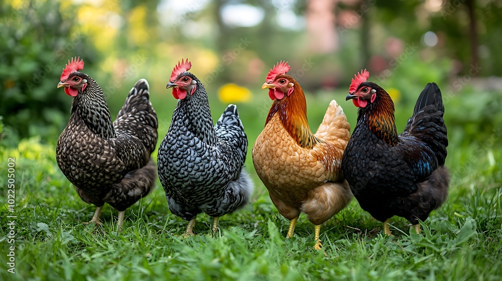 Fototapeta premium Four hens of different breeds standing in a row on green grass.