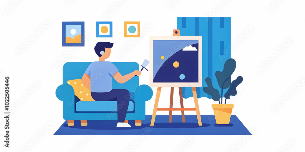 Candid Shot of a Person Painting a Canvas in a Cozy Living Room | Natural Light & Serene Surroundings Enhance Creativity in Photo Stock Concept Candid Shot of a Person Painting a Canvas in a Cozy Living Room | Natural Light & Serene Surroundings Enhance Creativity in Photo Stock Concept