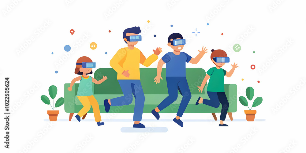 Family Exploring Virtual Reality Together: Candid Shot of Family Bonding with VR Headsets in Living Room, Capturing Fun and Interactive Technology Moments Family Exploring Virtual Reality Together: Candid Shot of Family Bonding with VR Headsets in Living Room, Capturing Fun and Interactive Technology Moments