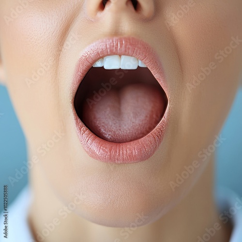 Closeup of Woman s Open Mouth with White Teeth and Pink Lips photo