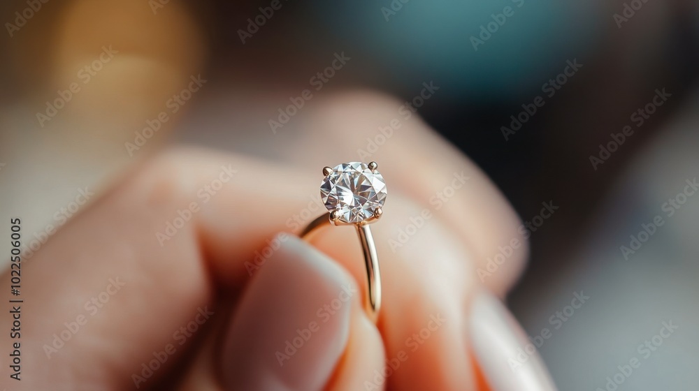 A hand holding a delicate diamond ring, ready for a proposal, with soft focus in the background. A hand holding a delicate diamond ring, ready for a proposal, with soft focus in the background.