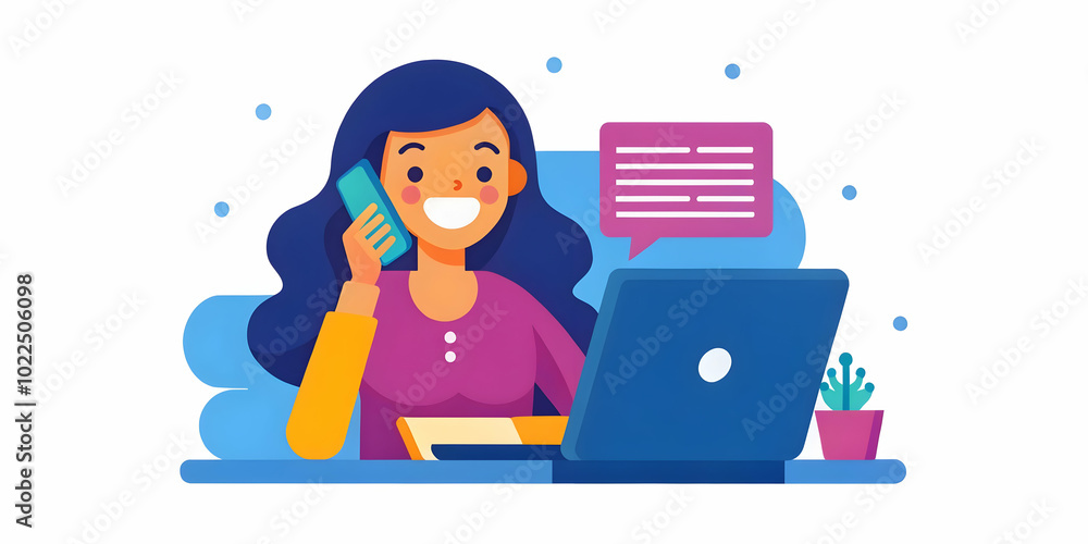 Candid Photo of a Woman Laughing on Phone in Home Office with Laptop and Notes - Engaging Work from Home Concept Candid Photo of a Woman Laughing on Phone in Home Office with Laptop and Notes - Engaging Work from Home Concept