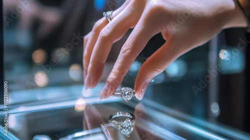 A hand reaching for a diamond ring in a glass display case, ready for a special occasion.