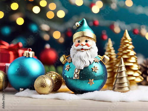 Father Frost (Santa Claus), Christmas tree toy, blurred background of colored lights. New Year festive atmosphere