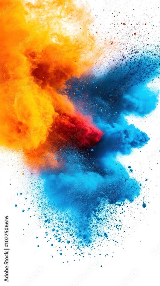 A vibrant explosion of orange and blue powder, creating a dynamic visual effect. A vibrant explosion of orange and blue powder, creating a dynamic visual effect.