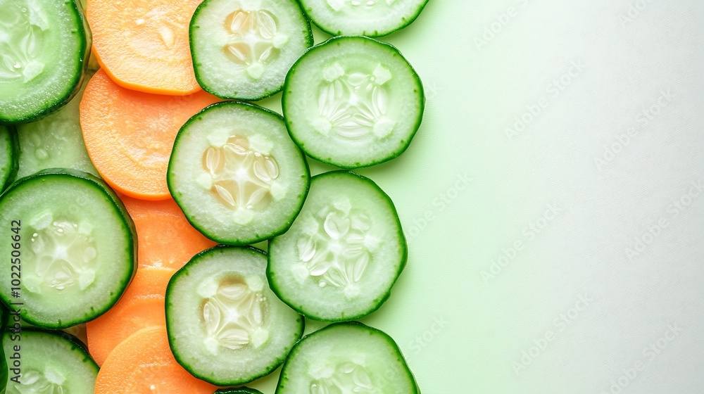 Sliced cucumbers and carrots arranged in a vertical pattern on a green background, with copy space. Sliced cucumbers and carrots arranged in a vertical pattern on a green background, with copy space.