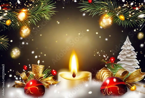 Burning candles, Christmas tree decorations. Festive atmosphere of the New Year. New Year's card.