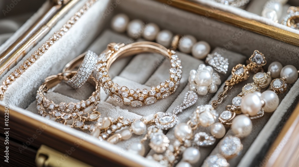 A jewelry box filled with delicate rings and necklaces, ready for a special occasion. A jewelry box filled with delicate rings and necklaces, ready for a special occasion.