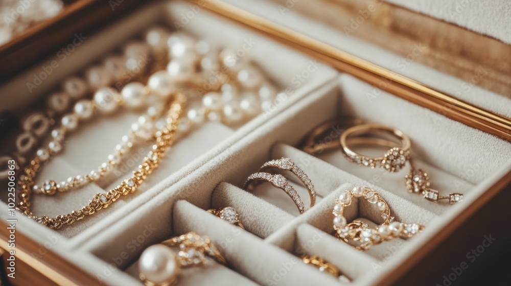 A jewelry box filled with delicate rings and necklaces, ready for a special occasion. A jewelry box filled with delicate rings and necklaces, ready for a special occasion.