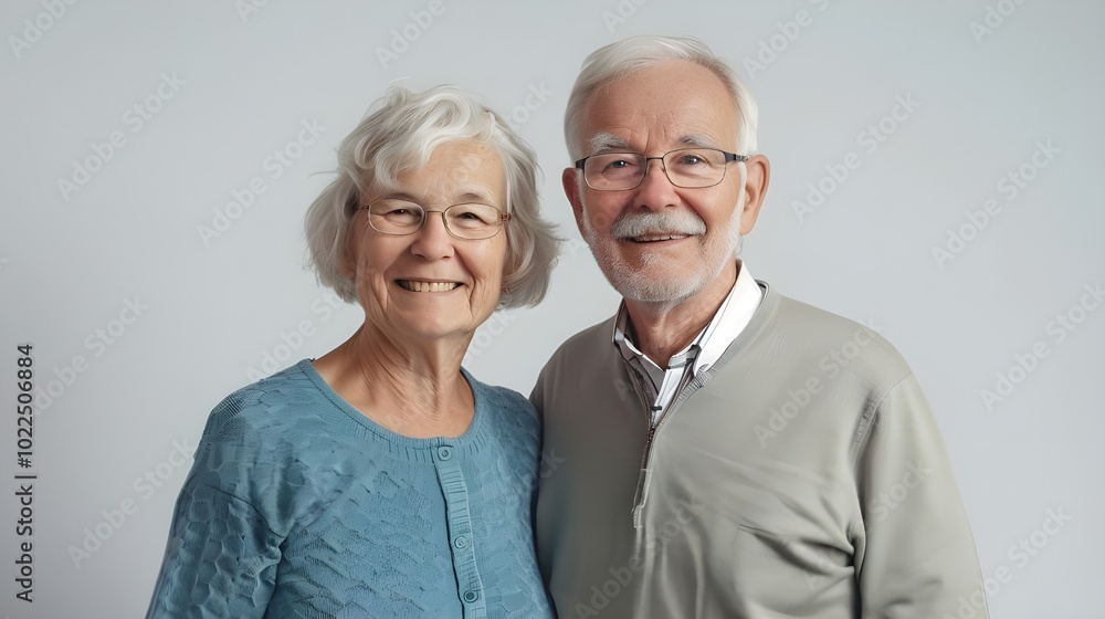 The elderly couple, both wearing glasses, smile as they stand together in harmony. He has white hair and a gentle smile, while she beams with joy. The elderly couple, both wearing glasses, smile as they stand together in harmony. He has white hair and a gentle smile, while she beams with joy.