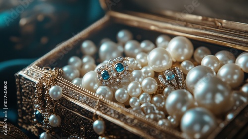 A jewelry box filled with treasures, including pearls, diamonds, and sapphires, creating a luxurious scene.