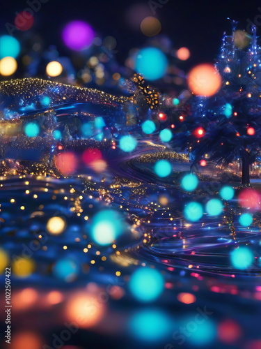 Festive atmosphere of the New Year. Multi-colored Christmas lights on winter city streets. New Year's background for creativity