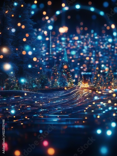 Festive atmosphere of the New Year. Multi-colored Christmas lights on winter city streets. New Year's background for creativity