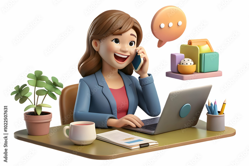 Candid Shot of a Woman Laughing on Phone Call in Home Office, Capturing the Joy of Working from Home with Laptop and Notes Candid Shot of a Woman Laughing on Phone Call in Home Office, Capturing the Joy of Working from Home with Laptop and Notes