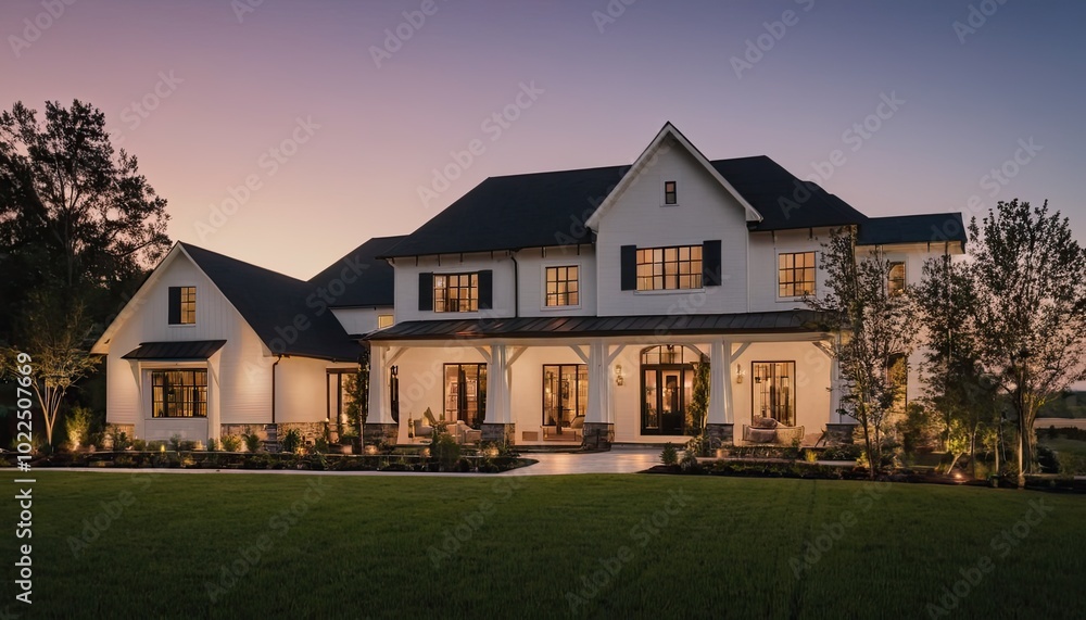An elegant farmhouse style home with white and black exterior color combination featuring large wind 9 An elegant farmhouse style home with white and black exterior color combination featuring large wind 9