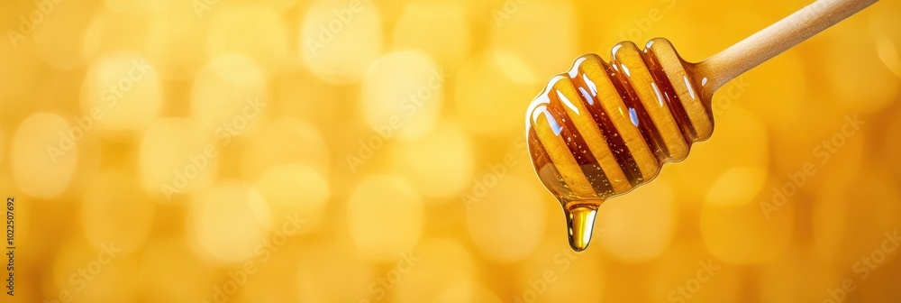 Close up of Golden Honey Dripping from a Wooden Dipper Close up of Golden Honey Dripping from a Wooden Dipper