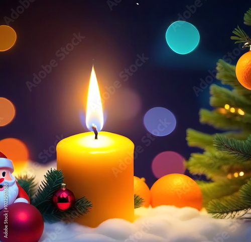 Burning candles, Christmas tree decorations. Festive atmosphere of the New Year. New Year's card.