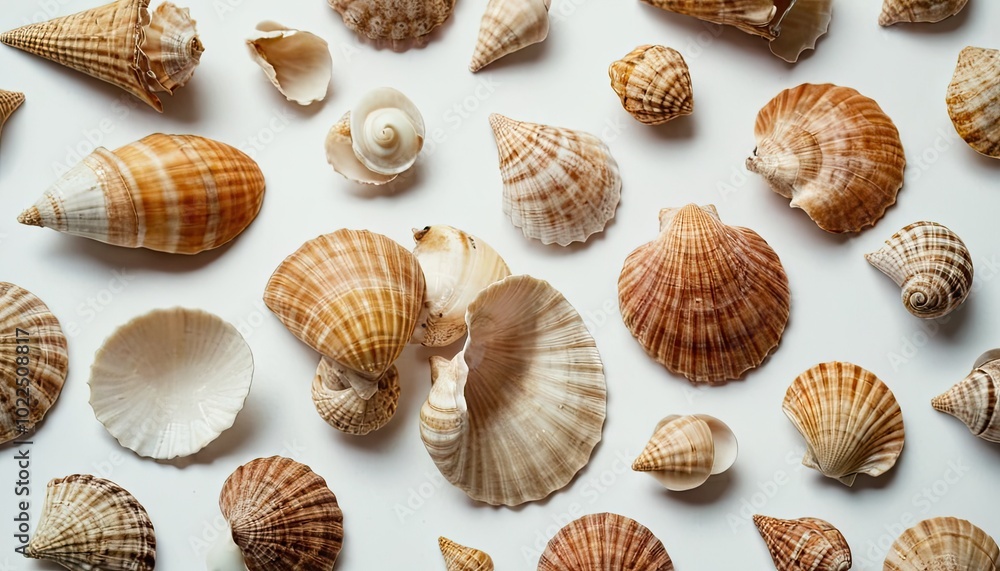Seashells of various shapes and sizes arranged on a beige background 8 Seashells of various shapes and sizes arranged on a beige background 8