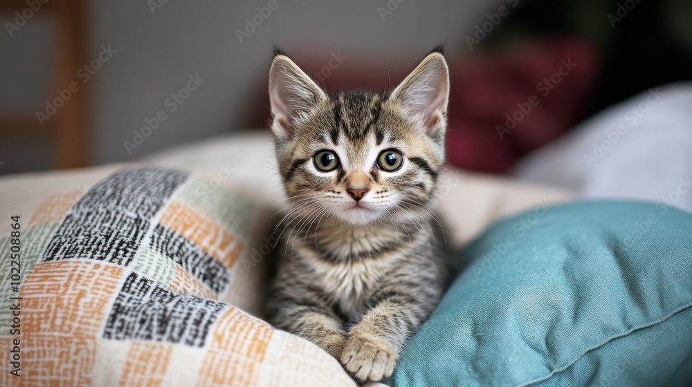 A kitten sitting on a pile of pillows, its head tilted as it looks curiously at the camera. A kitten sitting on a pile of pillows, its head tilted as it looks curiously at the camera.