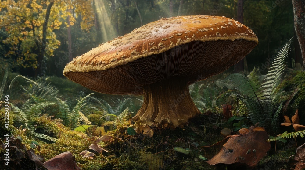 Fototapeta premium A large mushroom with a wide cap growing in a clearing, surrounded by ferns and other woodland plants.