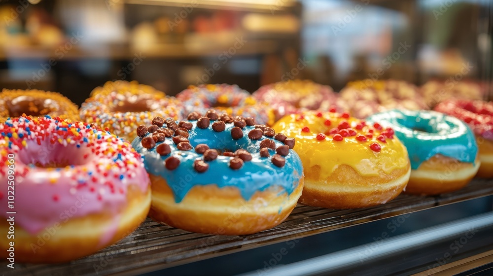 A line of colorful donuts in a bakery window, enticing passersby with their sweet glaze and toppings. A line of colorful donuts in a bakery window, enticing passersby with their sweet glaze and toppings.