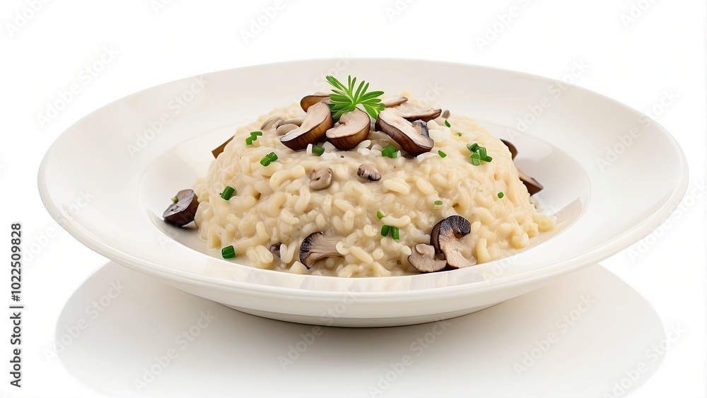 A serving of Italian risotto with mushrooms and Parmesan cheese, creamy texture, elegantly plated, isolated on white background A serving of Italian risotto with mushrooms and Parmesan cheese, creamy texture, elegantly plated, isolated on white background