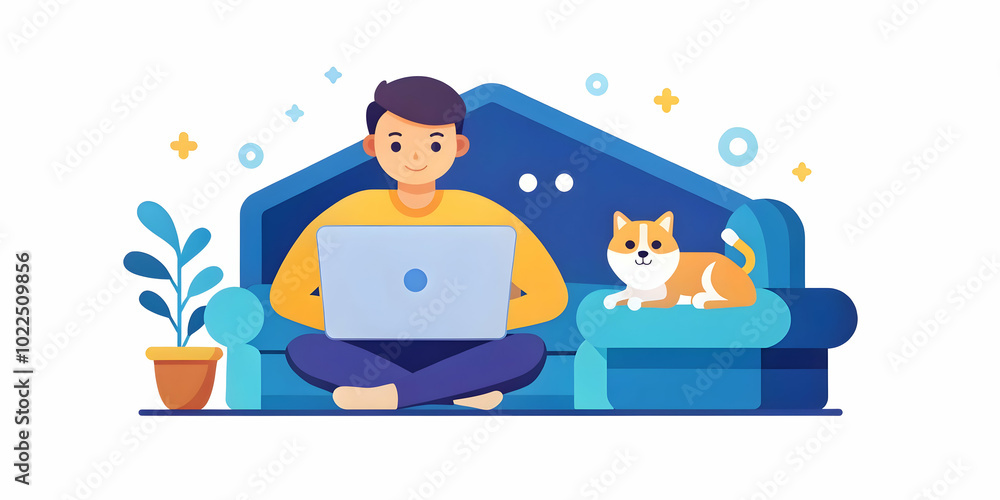 Candid Home Office Scene: Remote Worker Typing on Laptop with Pet Curled Up Nearby, Emphasizing Cozy Work Environment and Companionship Candid Home Office Scene: Remote Worker Typing on Laptop with Pet Curled Up Nearby, Emphasizing Cozy Work Environment and Companionship