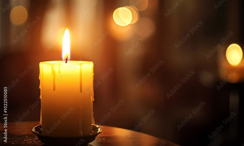 A Single Lit Candle on a Tabletop with Warm Bokeh Background A Single Lit Candle on a Tabletop with Warm Bokeh Background