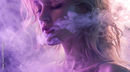 Surrounded by thick purple smoke, the woman exudes an otherworldly charm, her radiant features glowing in the haze.