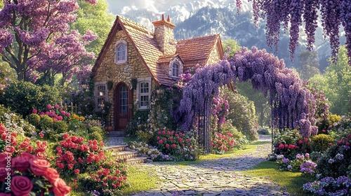 Blooming roses and wisteria enhance the whimsical charm of this cottage garden.