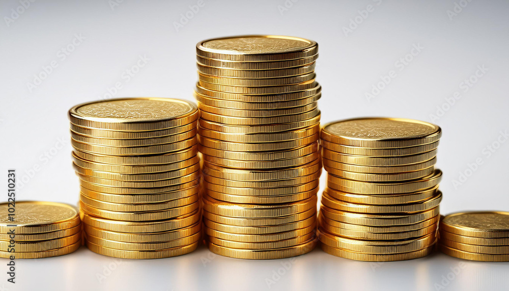 Close-Up of Gold Coins Stacked on a White Background Close-Up of Gold Coins Stacked on a White Background