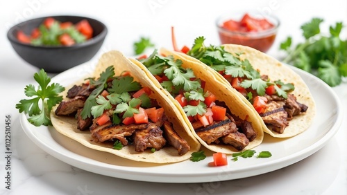 A dish of Mexican street tacos with grilled meat, salsa, and fresh cilantro, served on a white plate, isolated on white background.-