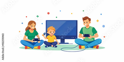 Family Bonding: Parents and Children Laughing While Playing Video Games Together in Living Room � Candid Image of Joyful Gaming Moments