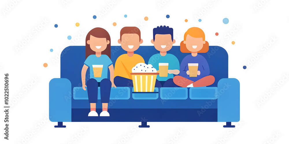 Candid Photo of Friends Enjoying Movie Night on Sofa in Cozy Living Room with Popcorn and Dimmed Lights | Comfortable Atmosphere for Relaxation and Companionship Candid Photo of Friends Enjoying Movie Night on Sofa in Cozy Living Room with Popcorn and Dimmed Lights | Comfortable Atmosphere for Relaxation and Companionship