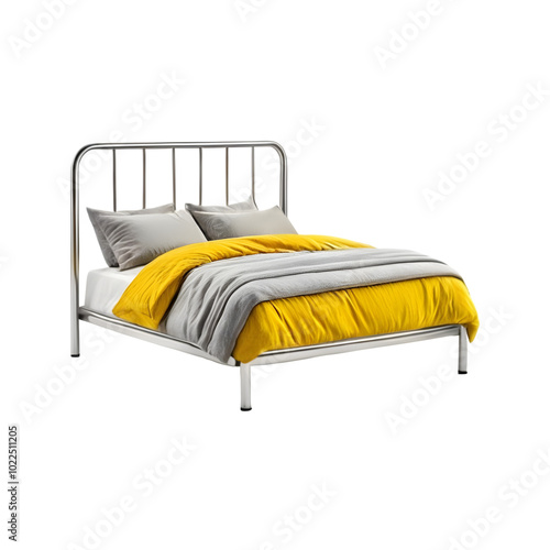 Isolated Queen-size Metal Frame Bed in Silver With Yellow and White Linens on Transparent Background, 3d Bed Png, Luxury Office Desk, Space-efficient Furniture photo