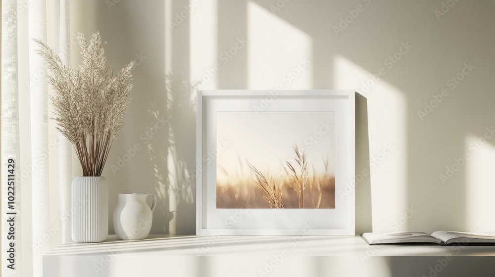 A modern white picture frame with a simple, minimalist art print inside, displayed on a desk. A modern white picture frame with a simple, minimalist art print inside, displayed on a desk.