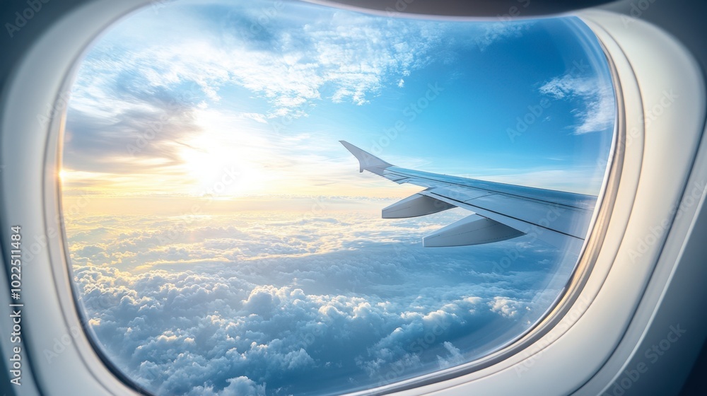 An airplane window showing a breathtaking view of clouds and blue sky, with the wing in the frame. An airplane window showing a breathtaking view of clouds and blue sky, with the wing in the frame.