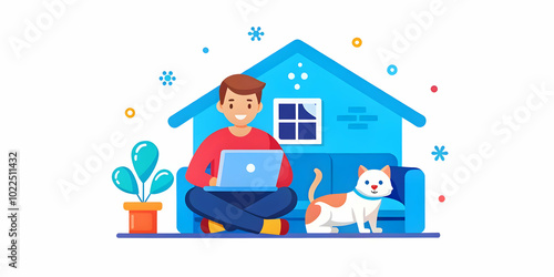 Soft Bokeh Digital Art of Remote Worker Typing on Laptop with Pet in Cozy Home Setting - Comfort and Companionship Concept in Photo Stock