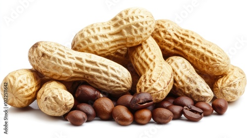 A pile of peanuts and coffee beans arranged together, showcasing a snack pairing.