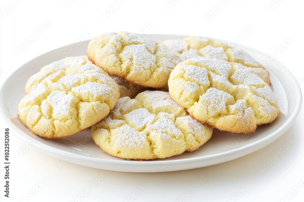 A plate of freshly baked cookies dusted with powdered sugar, showcasing a delightful treat perfect for sharing or enjoying with tea. A plate of freshly baked cookies dusted with powdered sugar, showcasing a delightful treat perfect for sharing or enjoying with tea.