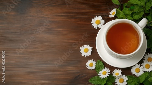 Peppermint and chamomile tea in a cozy kitchen, fresh herbs scattered on a wooden table, soft light, herbal tea, calming and digestive support with space for text