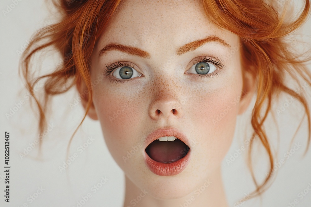 Close-up portrait of a young woman with red hair and freckles, looking surprised with her mouth open. Close-up portrait of a young woman with red hair and freckles, looking surprised with her mouth open.