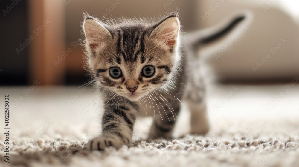 Obraz premium A tiny kitten chasing its own tail in circles on a soft carpet, filled with energy and curiosity.