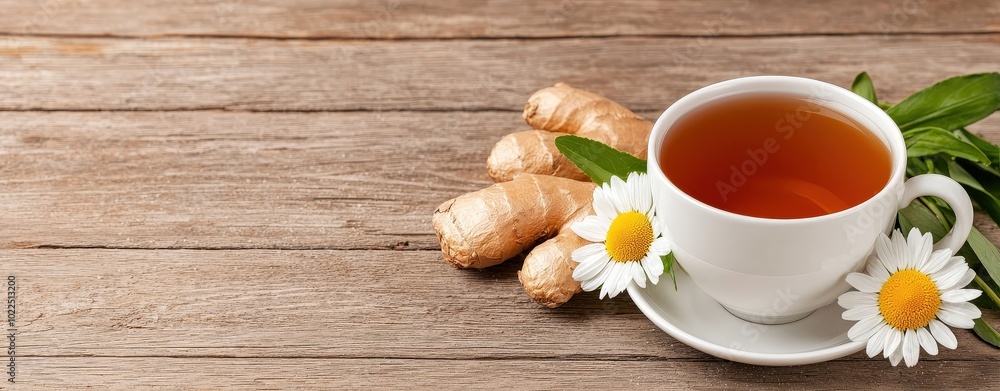 Ginger and chamomile tea in a rustic kitchen, natural wooden table, soft lighting, herbal tea, soothing digestive remedy with space for text Ginger and chamomile tea in a rustic kitchen, natural wooden table, soft lighting, herbal tea, soothing digestive remedy with space for text